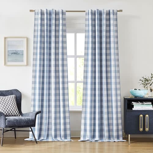 Bapawfish Buffalo Plaid Full Blackout Curtain Panels 84 Inches Length,Dusty Blue and White Farmhouse Drapes,Thermal Insulated Window Treatment for Bedroom Living Room,Rod Pocket Back Tabs,40"Wx84"Lx2