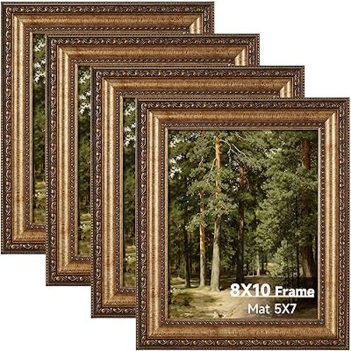 8x10 Vintage Gold Picture Frame Set of 4, Antique Bronze Picture Frames for Wall Hanging or Tabletop, 8 x 10 Ornate Photo Frame with Real Glass, Display 5x7 Print with Mat or 8x10 without Mat, 4 Pack