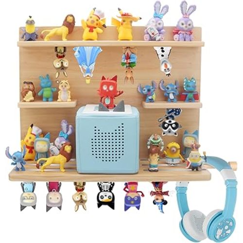 for Tonies Box Storage Shelf Wall Mounted, 3-Tier Magnetic Pine Wood Floating Shelves Organizer for Tonie box1/2 Player, Tonies Figures, Earphones, Display Collection 20~30 Characters