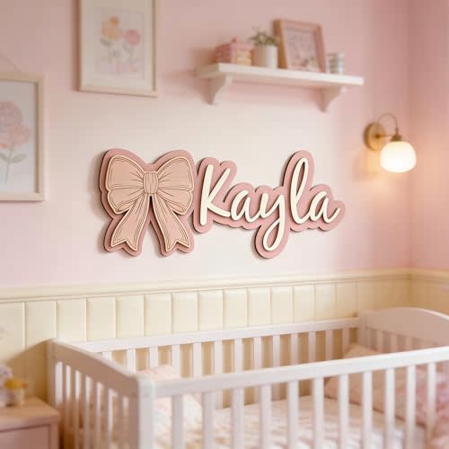 Personalized Wooden Name Sign with Bow, Custom Girl Name Wall Decor, Nursery Baby Name Sign, Pink Bow Room Decor, Birthday Gift for Girls (15.74×7.87)