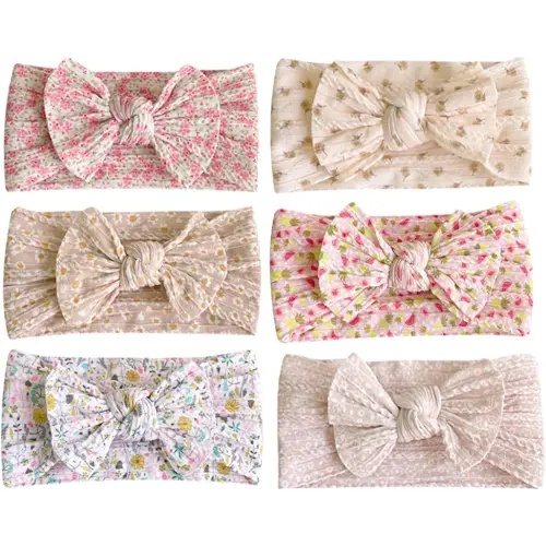 Jralon 6PCS in a Pack of Kid-Friendly Soft Colorful Bow Hair Bands Little Girl Printed Nylon Hair Accessories Girls Kids
