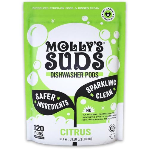 Molly's Suds Dishwasher Pods | Clean Dishwasher Detergent, Cuts Grease & Rinses Clean (Residue-Free) for Sparkling Dishes | 120 Auto-Release Tabs (Citrus)