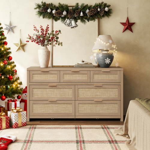 SICOTAS 56.88" Wide 7 Drawer Tall Dressers, Boho Dresser with Oversized Storage Space Rattan Dressers & Chests of Drawer Engineered Wooden Dressers for Bedroom,Reclaimed Light Oak