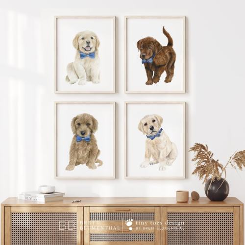Puppies in Bow Ties Print Set - Puppy Nursery Decor - Dog Watercolors - Puppy Playroom Art - Baby Girl Room - Boy Wall Art - Set of 4