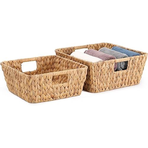 Square Water Hyacinth Storage Baskets Set of 2, Woven Basket for Gifts Empty, Handwoven Wicker Baskets Organizers with Handles for Pantry, Living Room，Shelf & Home Decor,Medium