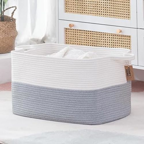 COMFY-HOMI Large Rectangle Laundry Storage Basket | Cotton Rope Woven, Organizing with Handle | Dirty Cloth & Baby Shower Basket | 22x15x12' - White/Grey