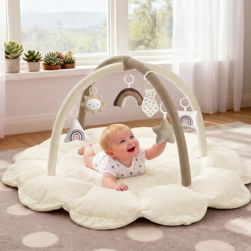 5-in-1 Thick & Plush Baby Play Gym, Baby Play Mats for Floor, Tummy Time Mat with 6 Toys, Convertible Stage-Based Developmental from Babies to Toddlers, Ball Pit, Brown