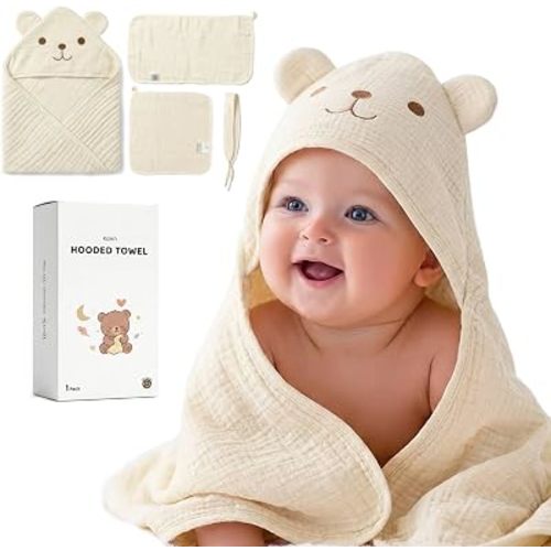 Kcikn Baby Hooded Towels Newborn, 100% Cotton Muslin Large 32"x32" Toddler Bath Towel with Bear Ear Hood & Burp Cloth & Washcloths – Soft Absorbent for 0-24 Months Baby Boy Girl -Beige