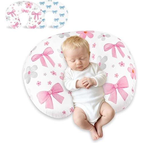 Nursing Pillow Covers 2 Pack - Ultra Soft & Stretchable Breastfeeding Pillow Slipcovers, Adorable Cover for Infant Feeding Pillow, for Most Standard Pillows (Bow Flower)