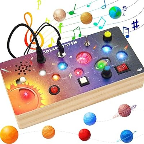 Montessori Wooden Busy Board with LED Light Switches, Toddler Busy Board Sensory Toys with Music, Preschool Learning Activities, Travel Toys, Christmas Birthday Gift for Kids Boys & Girls