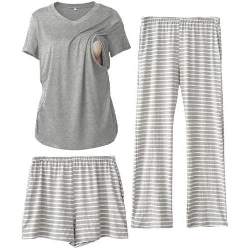 Rnxrbb 3 Piece Women's Maternity Nursing Pajamas Set V Neck Breastfeeding Pjs Sleepwear Postpartum Shorts&Pants Pockets
