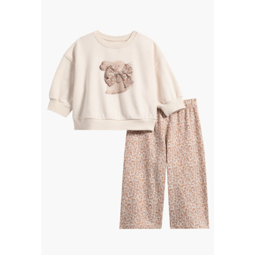 Kids Bunny Bow Appliqué and floral pants set, 12-18M