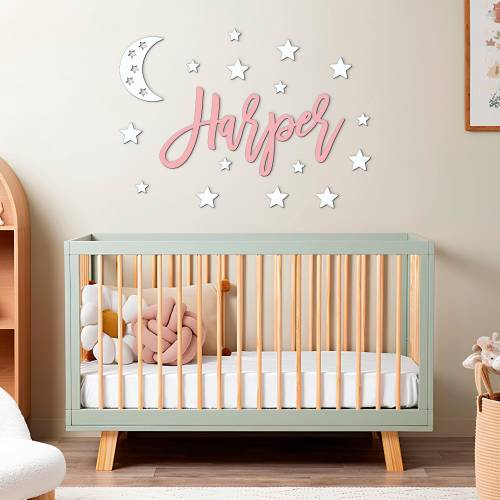 Wooden Name Sign with Moon and Stars Shapes Nursery Wall Decor Wooden Child Sign Kids Name Sign Custom Nursery Personalized Baby Name Sign