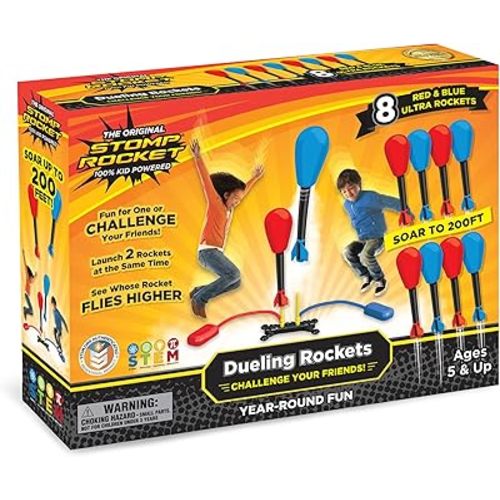 Stomp Rocket Original Dueling Rocket Launcher for Kids, 8 Rockets - Fun Backyard & Outdoor Kids Toys Gifts for Boys & Girls -Toy Foam Blaster Set Soars 200ft - Multi-Player Launcher Stand