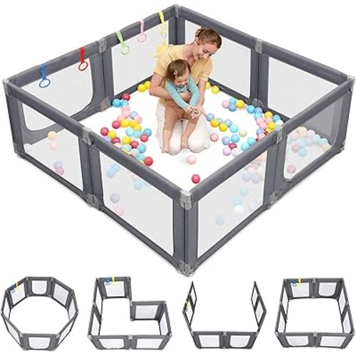 Dripex Portable Folding Playpen, 71"×69" Extra Large Baby Playpen, Indoor/Outdoor Safety Gate – Collapsible Play Pen with Dual Gates & Breathable Mesh, Grey