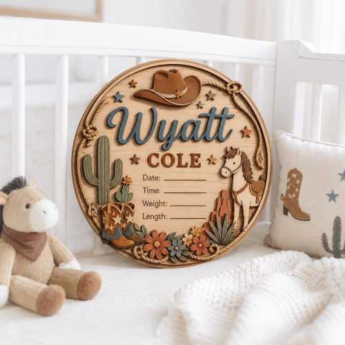 Personalized Cowboy Birth Announcement Sign, Western Baby Name Plaque, Newborn Stats Wooden Sign, Nursery Decor, Baby Shower Gift