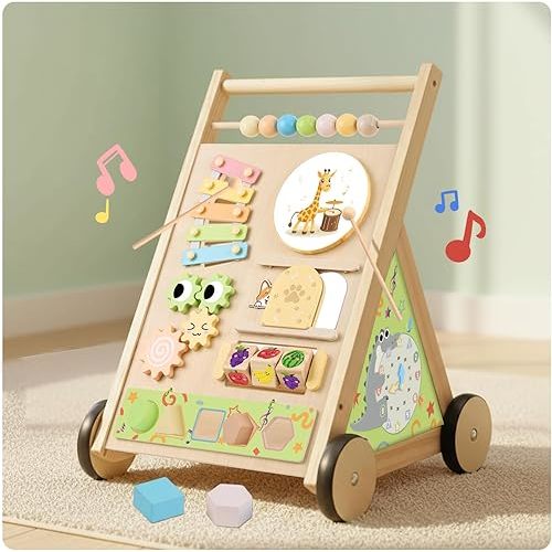 Wooden Baby Walker with Wheels Push Walker for Babies 6-12 Months Toddlers Montessori Walking Toys for 1 Year Old Learning to Walk Activity Center for 12-18 Months Boys Girls Gifts Color Sorting Toys
