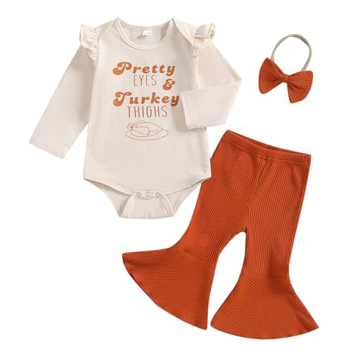 Kuriozud Newborn Baby Girl Bell Bottom Outfit Ruffle Romper Cute Bow Flare Pants Set Headband Cute Clothes