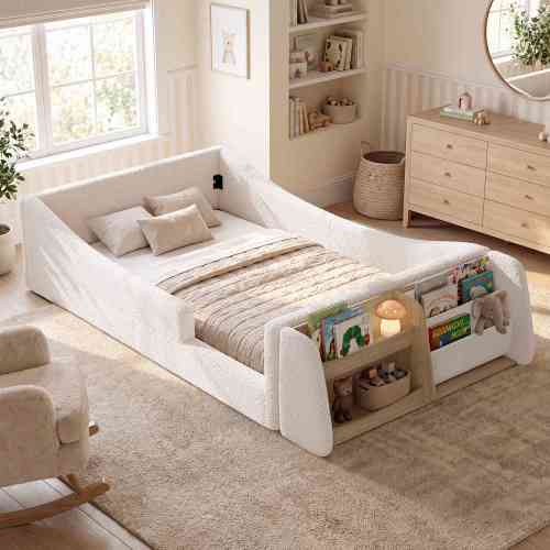 HAUOMS Twin Floor Bed with Bookshelf Low Montessori 2-in-1 Beds Upholstered Frame No Box Spring Needed&nbsp;for Girls and Boys