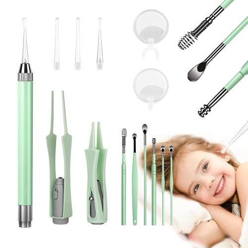 15 Pack Ear Wax Removal Tool Kit with Light - LED Ear Cleaning Kit, Ear Wax Removal for Kids and Adults, Ear Cleaning Tool, Ear Picker Spoon & Ear Tweezers & Spiral Spring Ear Spoon Green