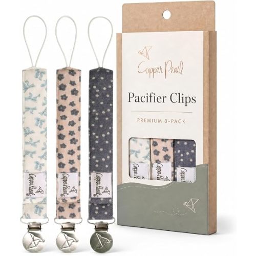 Copper Pearl 3-Pack Pacifier Holders: Premium Knit Binky Clips for Baby Girls and Boys - Stylish Stainless Steel Design for Secure No-Drop Attachment - Gemma in Tan