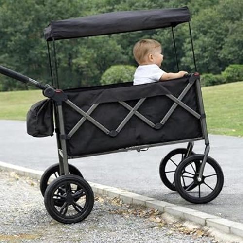 Four 12‘’ Big Wheel Wagon Stroller for 2 Kids, Off-Road Running & Jogging Stroller Wagon, Foldable Push Pull All-Terrain Cart with Removable Canopy & 5-Point Safety Harness