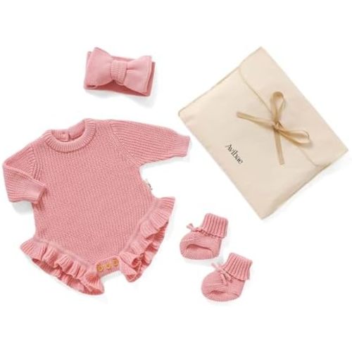 Avibae Cotton Newborns Set with Knit Sweater, Hair Band, Booties for Baby Girls, Warm Cute Infant 3 Piece Set
