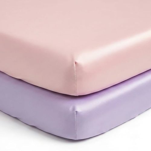 Pro Goleem Satin Mini Crib Sheets 2 Pack, Pink & Purple Silky Soft Fitted Sheet for Baby Hair Protection, 38"x24"x5" Breathable Mattress Cover Compatible with Pack n Play & Portable Crib