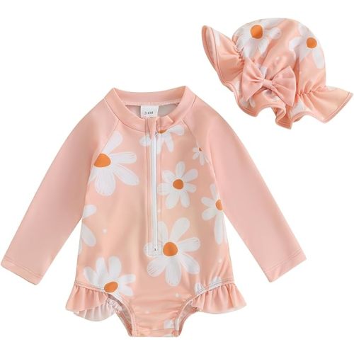 Toddler Infant Baby Girl Swimsuit Long Sleeve Rash Guard One-Piece Floral Zipper Bathing Suit Ruffled Beach Wear