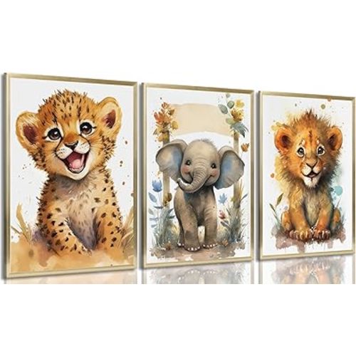 3Pcs Baby Safari Animal Wall Art Jungle Watercolor Animal Wall Decor Picture Painting Nursery Poster Prints Artwork for Boy Girl Room Home Decoration Unframed 12x16 In