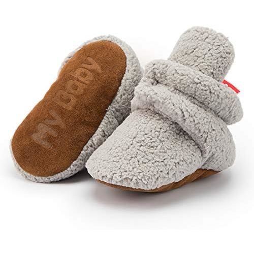 Newborn Baby Boy Girl Soft Fleece Booties Stay On Infant Slippers Socks Shoe Non Skid Gripper Toddler First Walkers Winter Ankle Crib Shoes