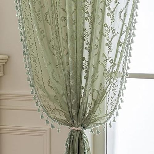 WAZZIO Boho Lace Curtains 2 Panels 96 Inch -Vintage Victorian Sheer Panel Drape French Country Floral Pattern & Tassel Light Filtering Privacy for Bedroom Dining Living Room,Light Sage Green,W52x L96