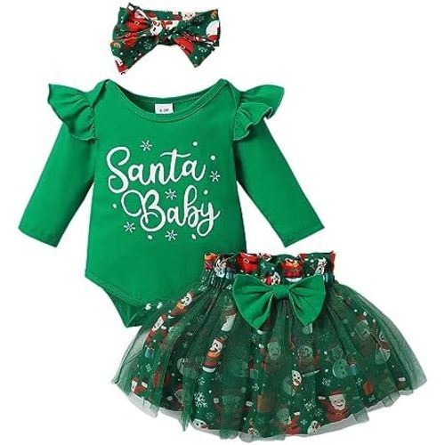 Baby Girls Green Christmas Mesh Dress New Born Santa Baby Romper and Skirt Outfit