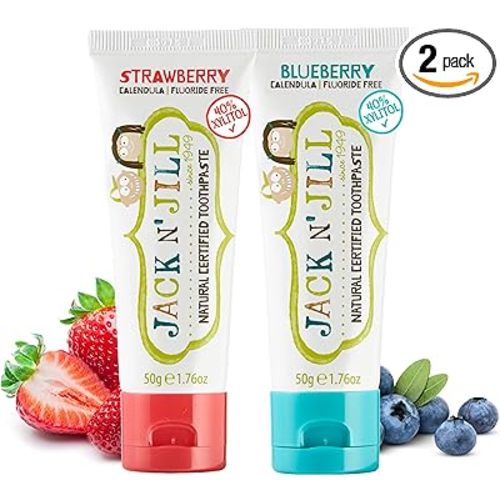 Jack N' Jill Natural Toddler Toothpaste - Fluoride Free Training Toothpaste for Toddlers 1-3, 40% Xylitol, BPA Free - Strawberry & Blueberry, 1.76 oz (Pack of 2)