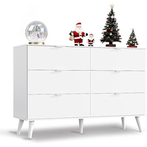 WLIVE White Dresser for Bedroom, 47'' Wide 6 Drawer Wooden Chest of Drawers, Modern Dresser Storage Organizer, TV Stand for 55 inch TV, for Living Room, Hallway, Closet