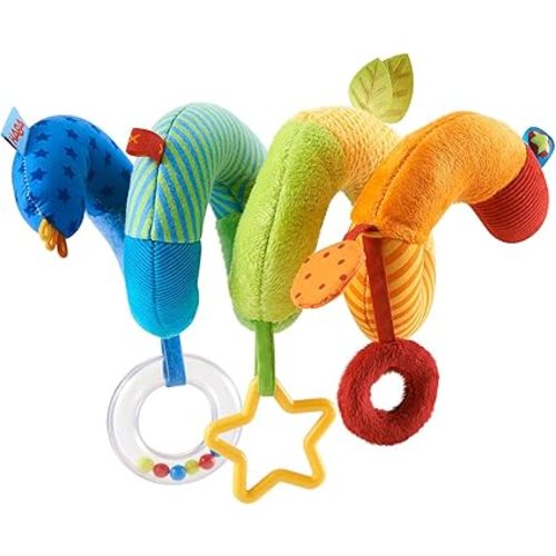 HABA Rainbow Activity Spiral Car Seat Toy and Stroller Toys for Baby 0-18 Months - Colorful Baby Travel Toy with Rattle Teething Element and Sensory Activities