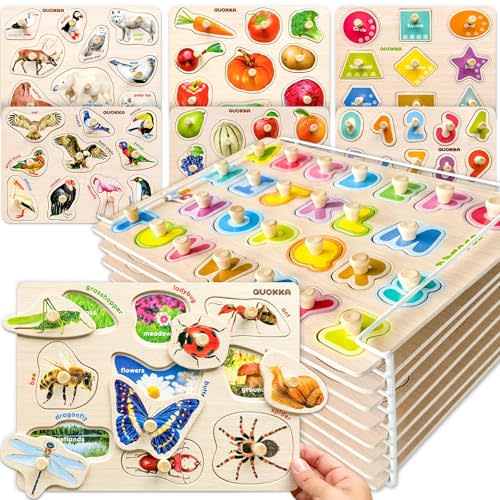 QUOKKA Wooden Puzzles for Toddlers 1-3 - 8XSET Toddler Puzzles Ages 2-4 with Rack - Learning Alphabet, Numbers and Animals Toy Puzzles for Toddlers 3-5 - Wood Games Gift for Boys and Girls