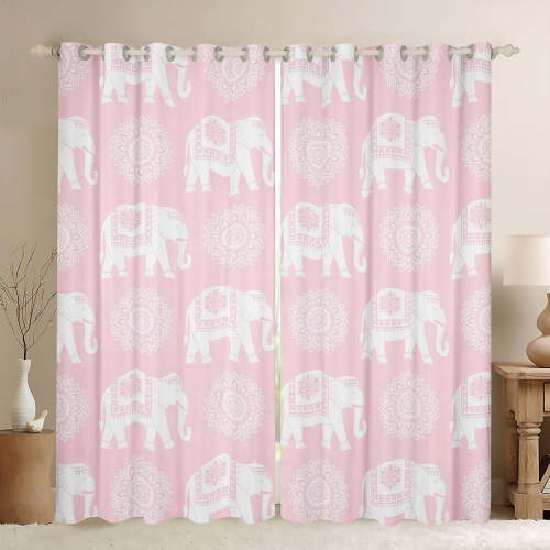 Feelyou Pink Damask Flower Curtains Pack of 2 (42x84 Each), Western Elephant Animal Curtains Blackout, Bohemian Style Bedroom Curtains, Window Curtains Decor