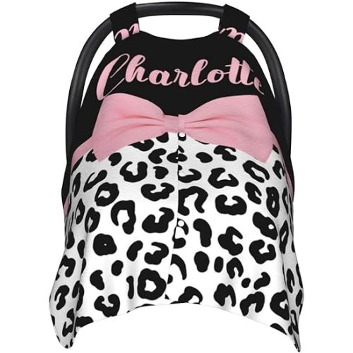 Pink Bow with Leopard Print Custom Name Baby Car Seat Cover – Personalized Nursing Cover for Breastfeeding, Stroller Canopy, Privacy Infant Carseat Canopy, Soft Breathable Newborn Blanket for Girls