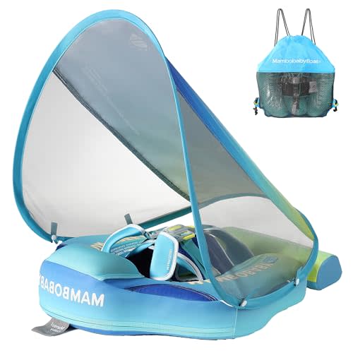 Mambobaby Float with Canopy Baby Float Non Inflatable Baby Safety Float for Swimming Pool Float Upgraded Tail Soft Skin-Friendly Material for Toddler Infant 3-24 Months, Rainbow Green