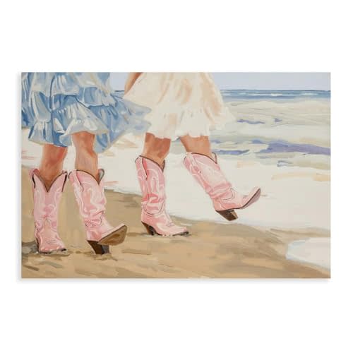 Hazzzey Coastal Cowgirl Printable Wall Art, Trendy Boots Poster, Preppy Western Dorm Decor, Blue And Pink Aesthetic Print 24x36inch(60x90cm) Unframe-style