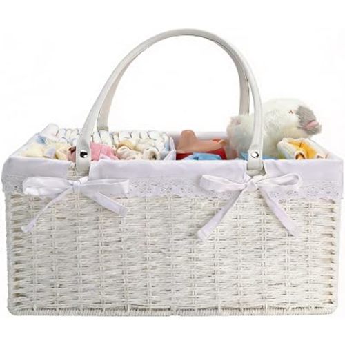 Large Baby Diaper Caddy Basket - Portable Wicker Paper Rope Storage Baskets Woven Car Organizer for Diapers With Divider White