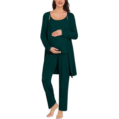 SWOMOG Maternity Pajamas Set 3 PCS Nusing Pajamas Labor and Delivery Gown & Camisole & Pants Postpartum Pjs