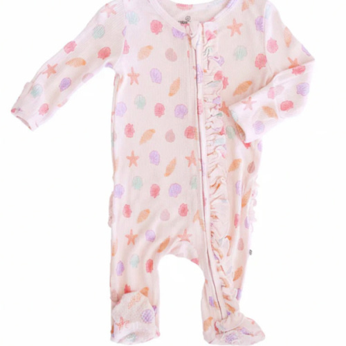 Saltwater Shells Bamboo Waffle Ruffle Zipper Footie