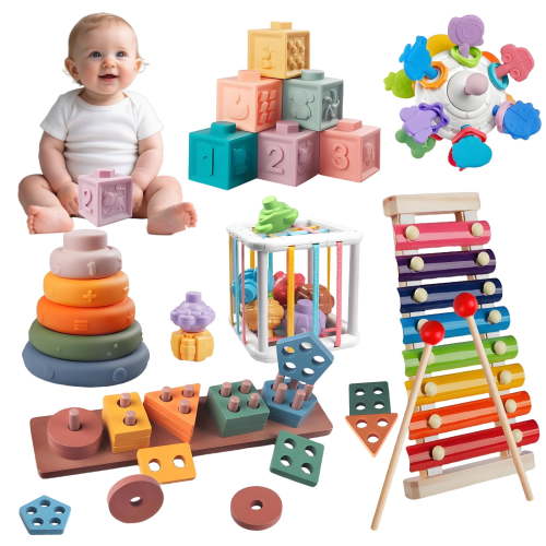 6 in 1 Montessori Baby Toys, Xylophone Musical, Infant Teethers Toys, Wooden Sorting Stacking Learning Toys Birthday Gift for Toddlers 1 2 3