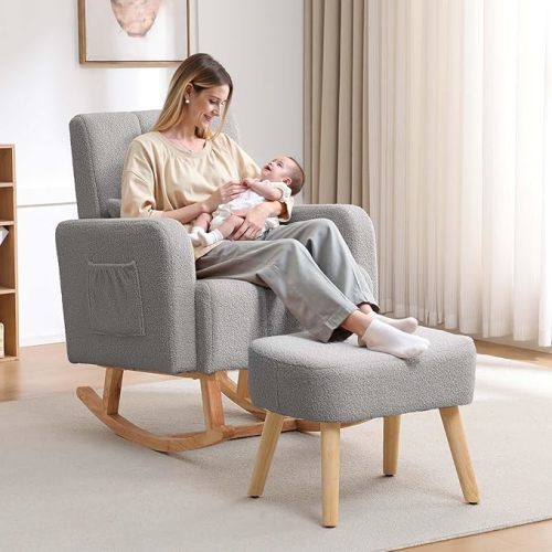 HCHAIRH Nursery Rocking Chair with Ottoman, Upholstered Glider Rocker with High Backrest Side Pocket, Rocking Accent Armchair with Solid Wood Legs for Nursery, Living Room, Bedroom, Light Grey