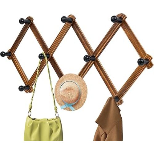 Accordion Wall Hanger, Wood Expandable Wall Mounted Hanger with 10 Hooks for Coats,Hats,Coffee Mug Ect,1 Pack Included,10 Pegs, Walnut Color,Retro Style