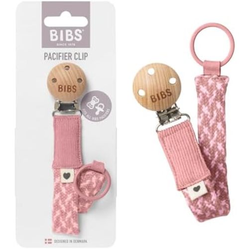BIBS Pacifier Clip, Made with Organic Cotton in Europe, Compatible with All BIBS Binkies, One Size (0-36 Months), Dusty Pink