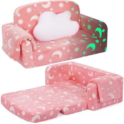 Foryoomi Extra Wide Kids Couch, Kids Sofa, Toddler Sofa, Glow in The Dark, 2-in-1 Soft Toddler Couch with Blanket and Pillow, Moon Style, Pink