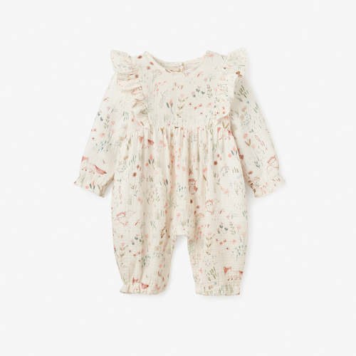Owl Print Flutter Organic Muslin Baby Jumpsuit WHITE / 3-6M